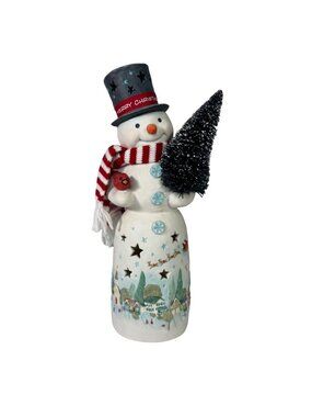 2012 Hallmark Snowman Tea Light Holder With Christmas Village Scene & Scarf